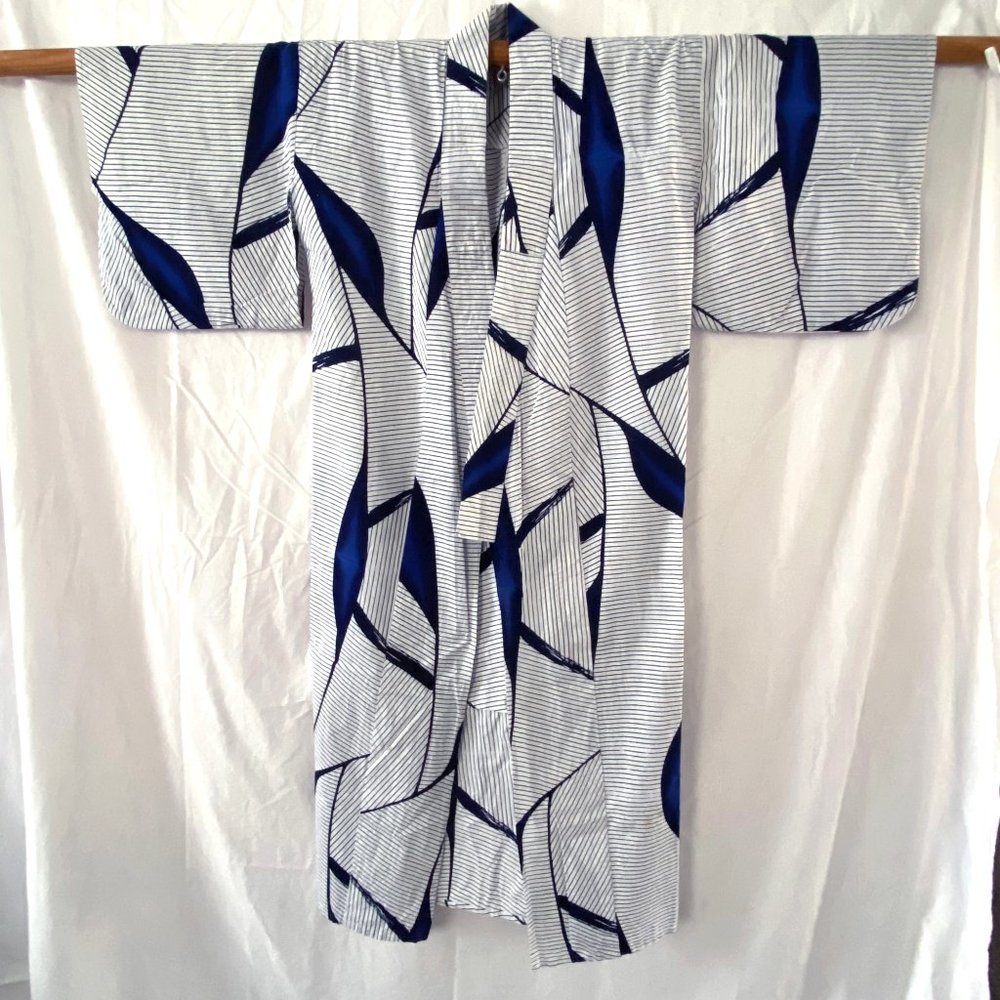 Vintage Japanese Yukata Kimono - Navy Blue Stripe and Brush Stroke Pattern